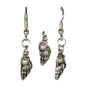 NEW Handmade/Homemade Silver-Tone Seashell Necklace Earring Set White Faux Pearl